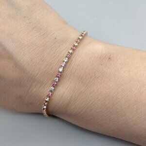 Pink Clear Crystal Gold Tone Dainty Tennis Bracelet Designer Signed Merlite VTG